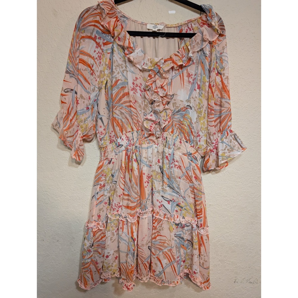 Entro Floral Print Ruffle Mini Dress Sheer Lightweight Summer Size L‎